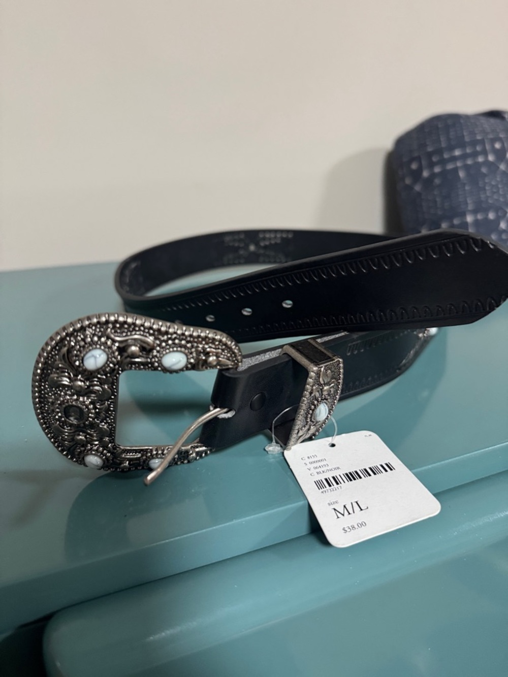 Free People Black Leather Belt with Ornate Silver Buckle and White Stone Accents